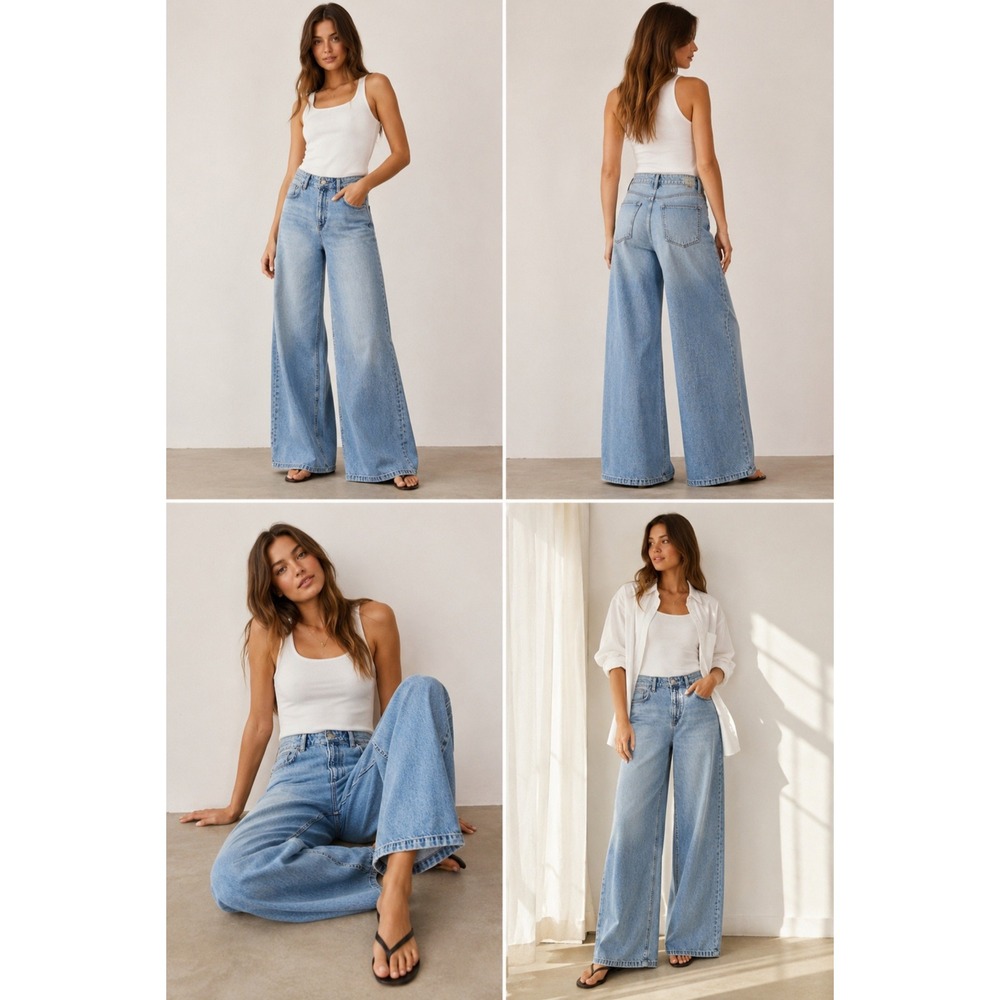 Triarchy Womens High Rise Wide Leg Organic Cotton Blue Jeans Size 29 Light Wash